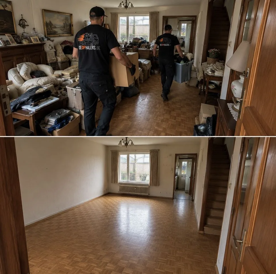 Woonkamer leeggemaakt, voor, tijdens en na